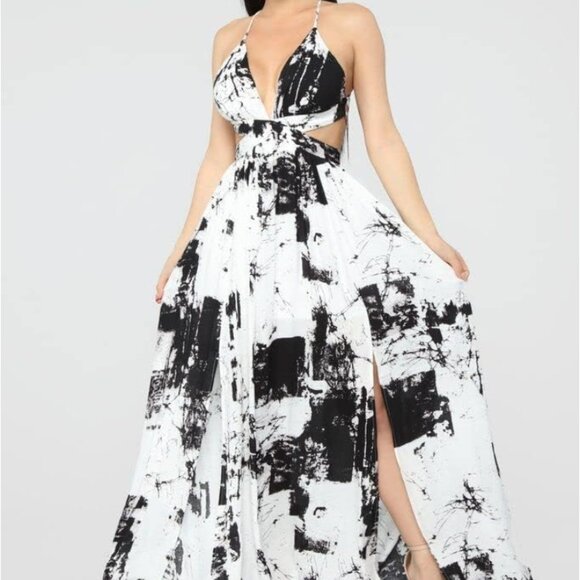 Good Time USA 85% Silk Black & White Open Back Strappy Maxi Dress Size Med Flowy - Picture 1 of 16
